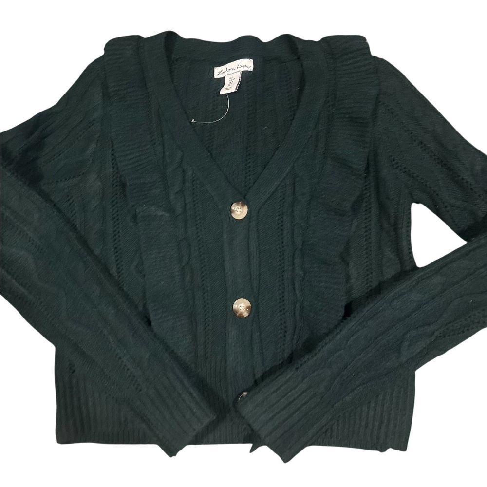 London Kaye Dark Green Ruffled Cardigan Button Sweater Size Small - Picture 4 of 12